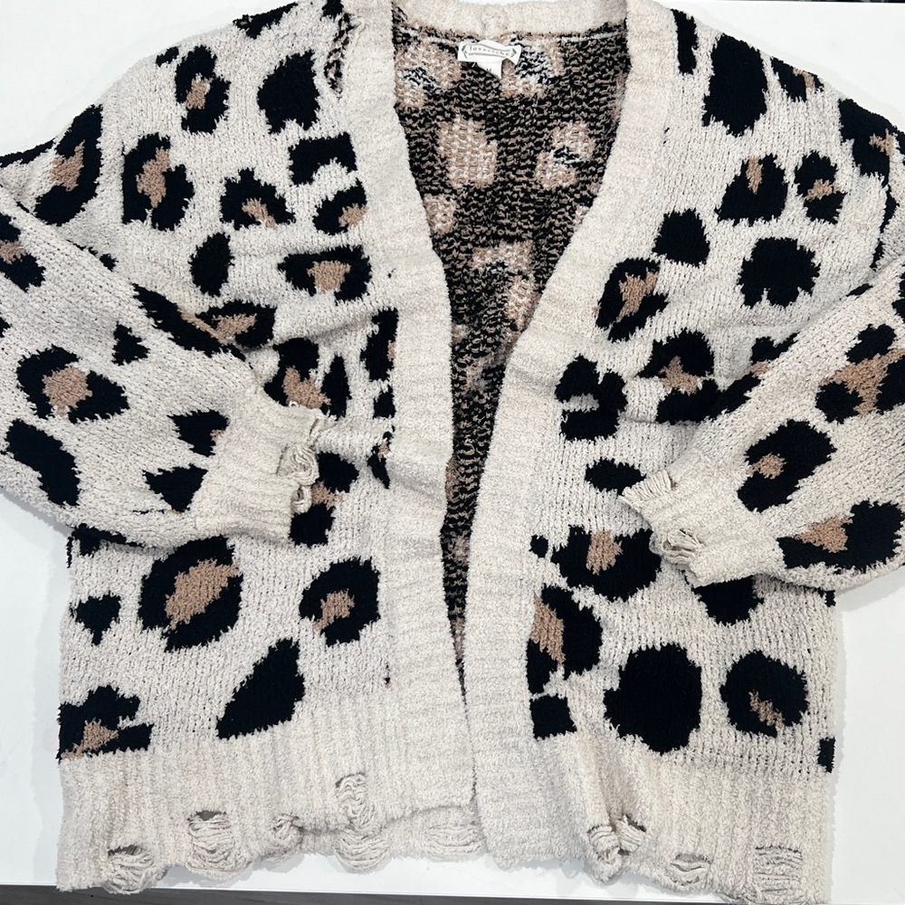 Love Riche Leopard Print Open-Front Knit Cardigan, Distressed Cream/Tan/Black